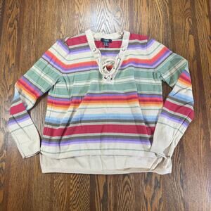 Chaps Womens Petite Southwestern Multi Colored Lace-Up Sweater Cotton Size M